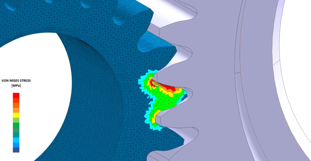 Finite Element Analysis (FEA) model Von Mises stress plot and CAD model blend