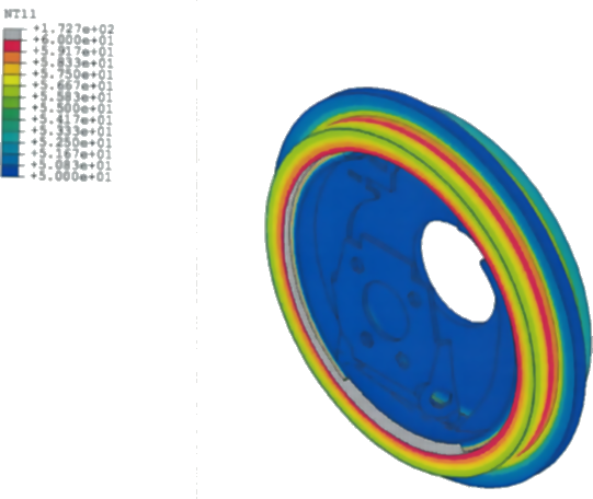 Temperature contours in drum and shoe, 4 seconds from braking