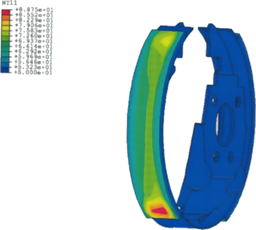Predicted temperature distribution from frictional heating during braking